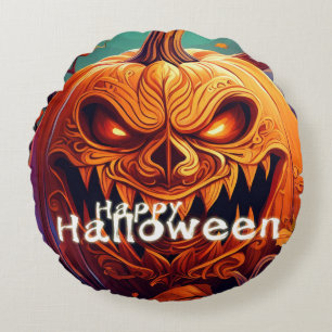 Scary Looking Orange Pumpkin with Face, Halloween Round Cushion