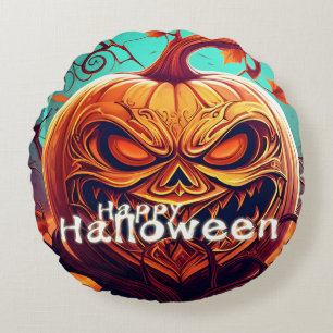 Scary Looking Orange Pumpkin with Face, Halloween  Round Cushion
