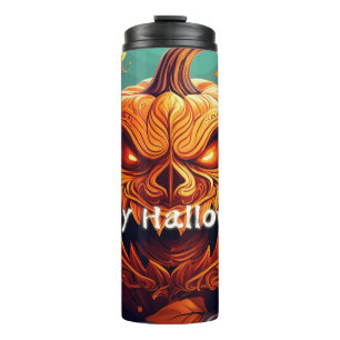 Scary Looking Orange Pumpkin with Face, Halloween Thermal Tumbler