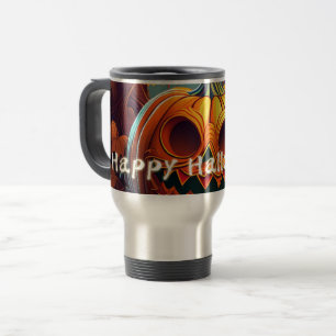Scary Looking Orange Pumpkin with Face, Halloween Travel Mug