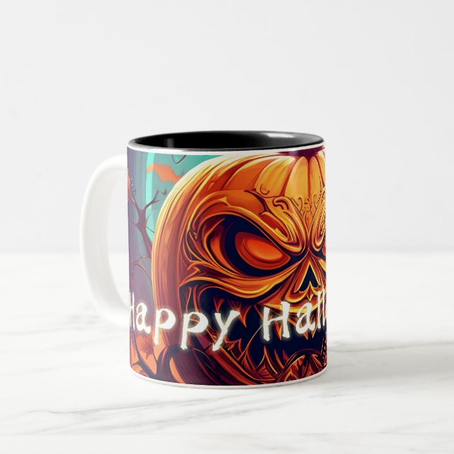 Scary Looking Orange Pumpkin with Face, Halloween  Two-Tone Coffee Mug (Front Left)