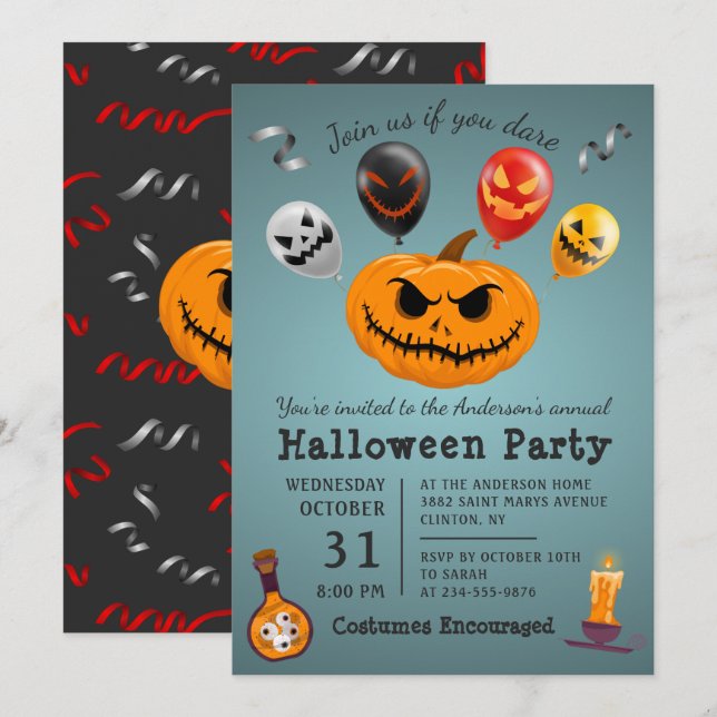 Scary Monster Pumpkin Balloon Halloween Party Invitation (Front/Back)