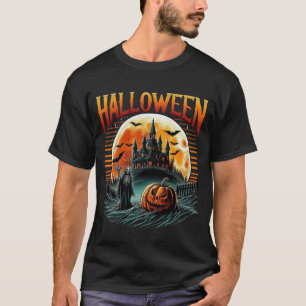 Scary Moonlit Haunted Castle Grim Reaper Halloween T-Shirt