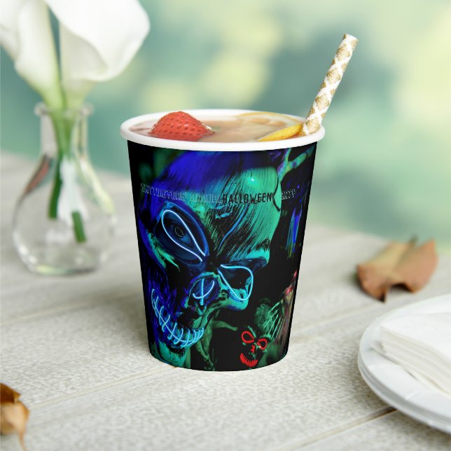 Scary Neon Teal Skulls Halloween Name Date Paper Cups (Insitu)