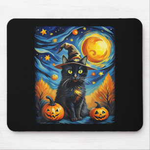 Scary Night Cat Van Gogh Halloween Witch Hat Black Mouse Mat