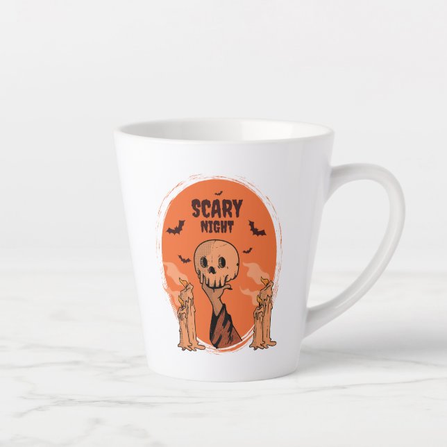 Scary Night Halloween Skull & Bat Design Latte Mug (Right)