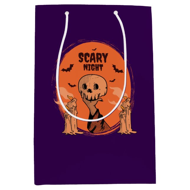 Scary Night Halloween Skull & Bat Design Medium Gift Bag (Front)