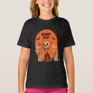 Scary Night Halloween Skull & Bat Design T-Shirt