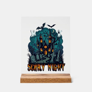 Scary Night Haunted House Ghosts Cemetery Acrylic Sign