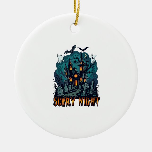 Scary Night Haunted House Ghosts Cemetery Ceramic Tree Decoration (Front)