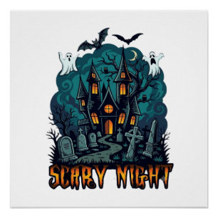 Scary Night Haunted House Ghosts Cemetery Poster