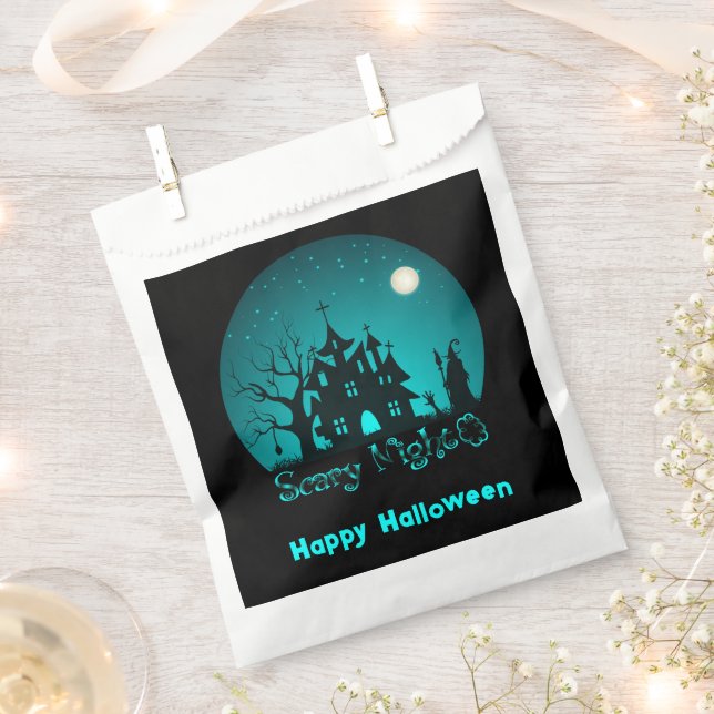 Scary Night Haunted House Green Happy Halloween Favour Bags (Clipped)