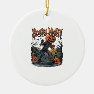 Scary Night Pumpkin Head Monster Lantern Graveyard Ceramic Tree Decoration