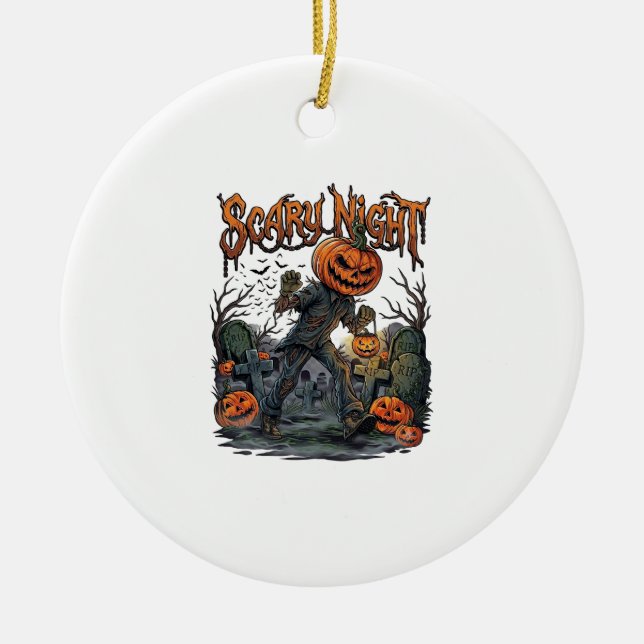 Scary Night Pumpkin Head Monster Lantern Graveyard Ceramic Tree Decoration (Front)