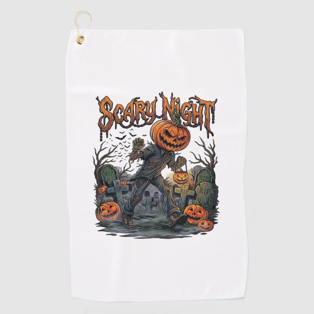 Scary Night Pumpkin Head Monster Lantern Graveyard Golf Towel (Front)
