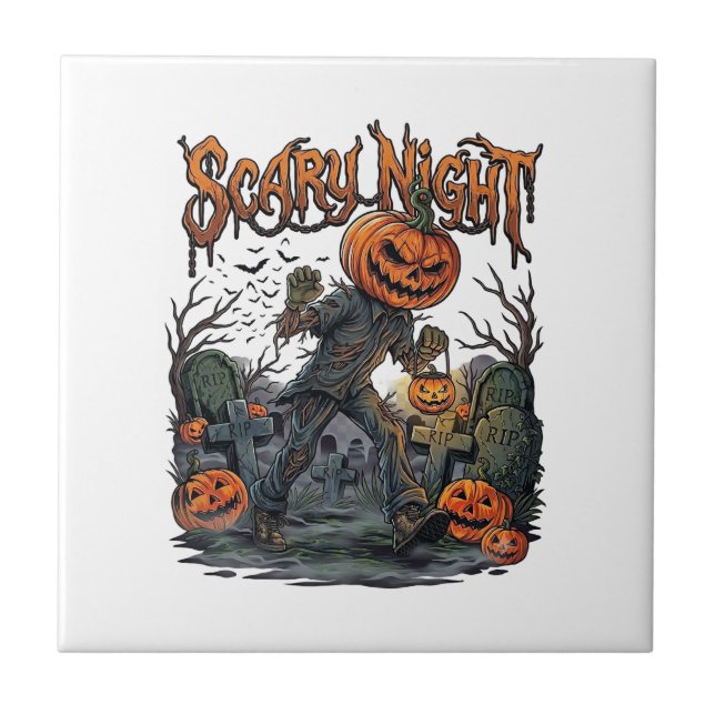 Scary Night Pumpkin Head Monster Lantern Graveyard Tile (Front)