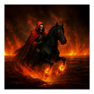 Scary Night Rider On Black Stallion Poster