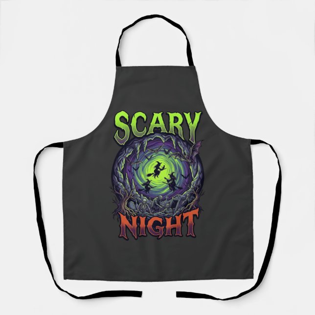Scary Night Witches Bat Cave Neon Vortex Skeletons Apron (Front)