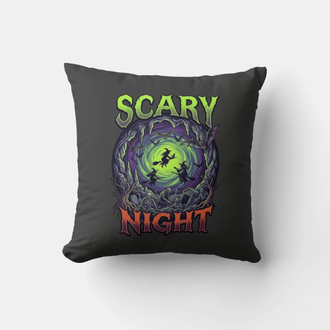 Scary Night Witches Bat Cave Neon Vortex Skeletons Cushion (Front)