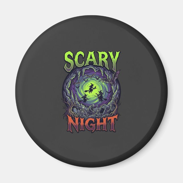 Scary Night Witches Bat Cave Neon Vortex Skeletons Magnet (Front)