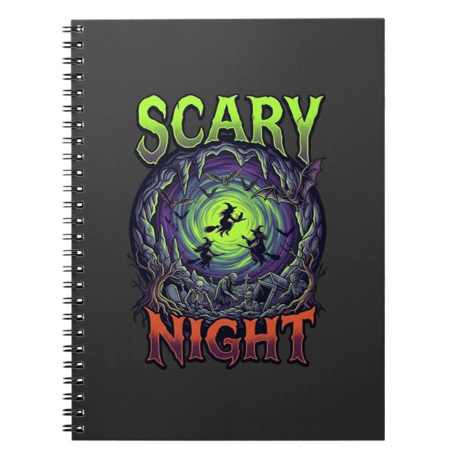 Scary Night Witches Bat Cave Neon Vortex Skeletons Notebook (Front)