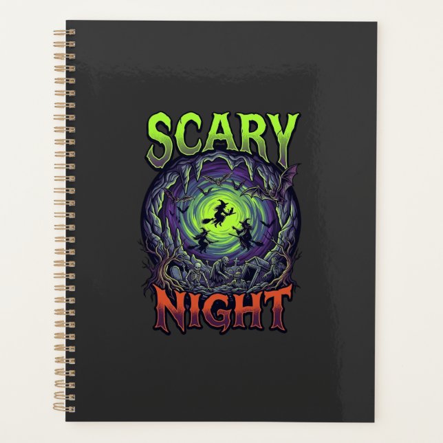Scary Night Witches Bat Cave Neon Vortex Skeletons Planner (Front)