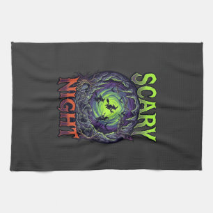Scary Night Witches Bat Cave Neon Vortex Skeletons Tea Towel