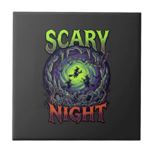 Scary Night Witches Bat Cave Neon Vortex Skeletons Tile