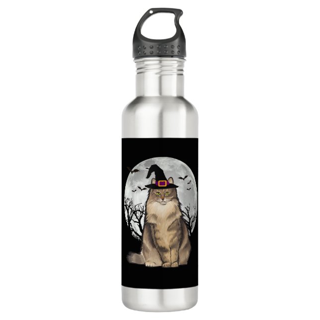 Scary Norwegian Forest Cat Witch Hat Halloween 710 Ml Water Bottle (Front)