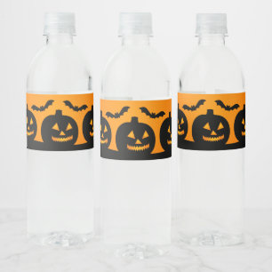 Scary Orange Halloween Evil Black Pumpkin Water Bottle Label