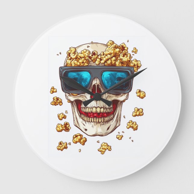 Scary Popcorn Skull � Funny Horror Movie Skeleton Large Clock (Front)