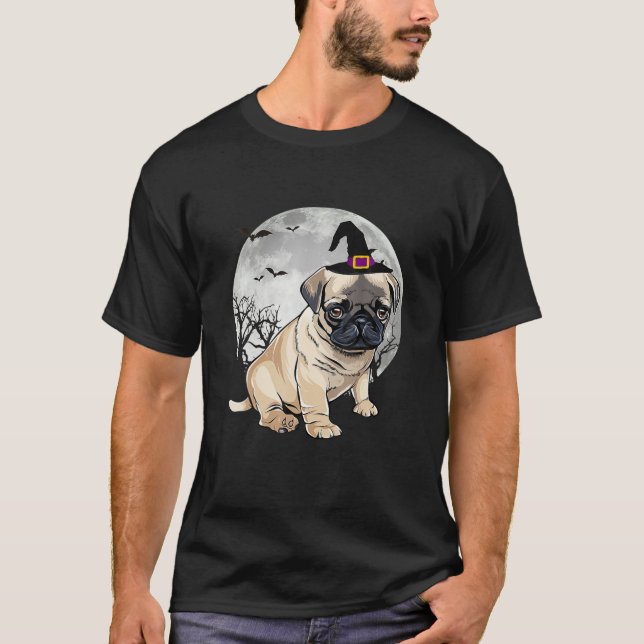 Scary Pug Dog Witch Hat Halloween T-Shirt (Front)