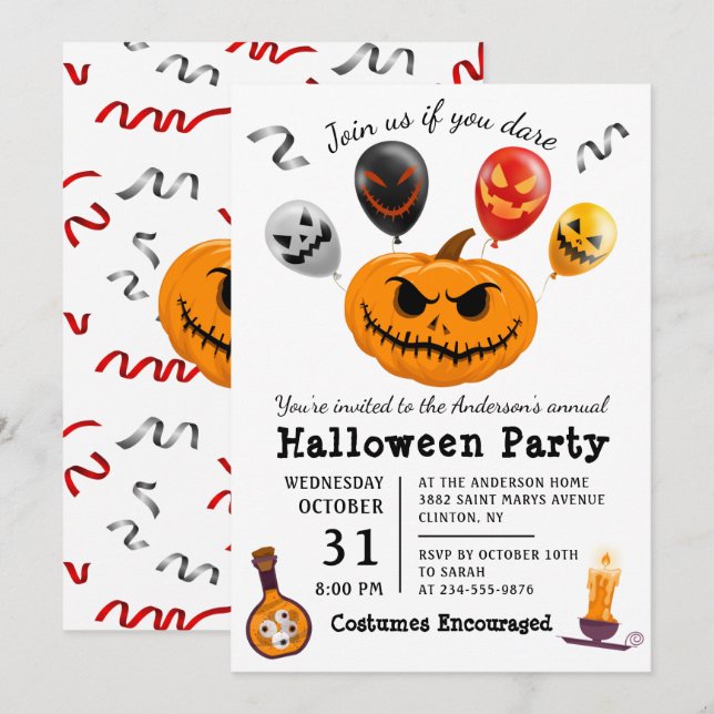 Scary Pumpkin Balloon Monster Halloween Party Invitation (Front/Back)