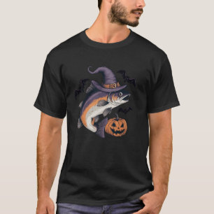 Scary Pumpkin Bat Witch Salmon Fish Halloween T-Shirt