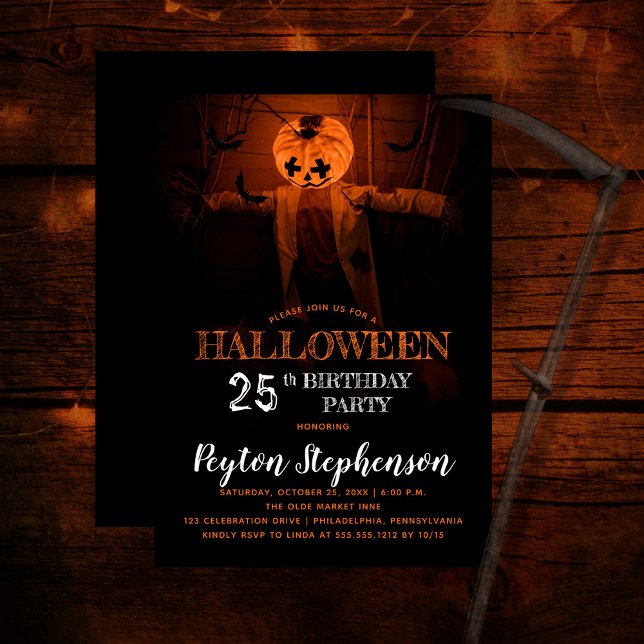 Scary Pumpkin Halloween 25th Birthday Party Invitation (Creepy barn scene pumpkin scarecrow adult Halloween 25th Birthday Party Invitation)
