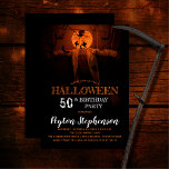 Scary Pumpkin Halloween 50th Birthday Party Invitation<br><div class="desc">Scary stuffed pumpkin man with glowing head and white doctor's coat among swarming bats creepy Halloween 50th Birthday Party invitation.  Photo courtesy Annie Spratt via Unsplash.</div>