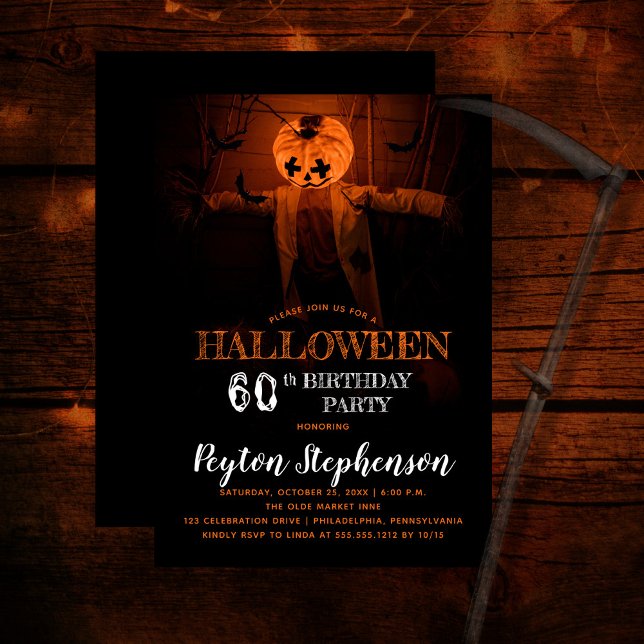 Scary Pumpkin Halloween 60th Birthday Party Invitation (Creepy barn scene pumpkin scarecrow adult Halloween 60th Birthday Party Invitation)