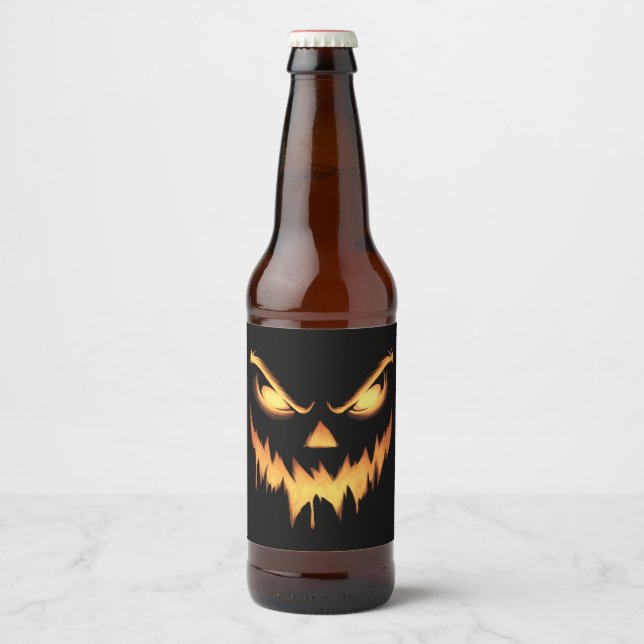 Scary Pumpkin Jack O Lantern Face Halloween Beer Bottle Label (Front)