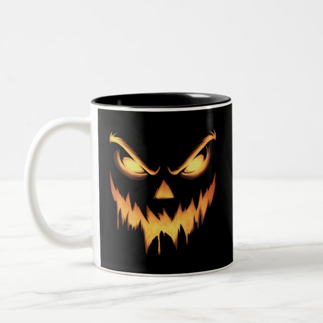 Scary Pumpkin Jack O Lantern Face Halloween Two-Tone Coffee Mug (Left)