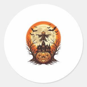 Scary Pumpkin Scarecrow Haunted House Full Moon Ha Classic Round Sticker