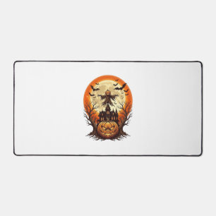 Scary Pumpkin Scarecrow Haunted House Full Moon Ha Desk Mat