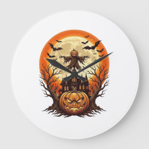 Scary Pumpkin Scarecrow Haunted House Full Moon Ha Large Clock