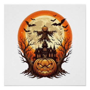 Scary Pumpkin Scarecrow Haunted House Full Moon Ha Poster