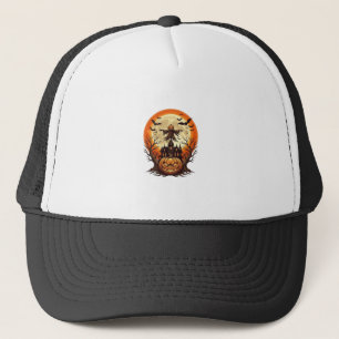 Scary Pumpkin Scarecrow Haunted House Full Moon Ha Trucker Hat