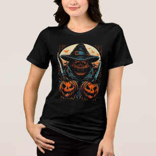 Scary Pumpkin Scarecrow & Knives Halloween Killer Tri-Blend Shirt