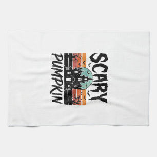 Scary Pumpkin Vintage Haunted House Halloween Desi Tea Towel