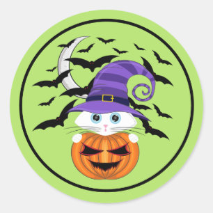 Scary Pumpkin with a White Kitty and Witches Hat Classic Round Sticker