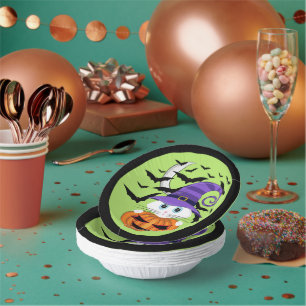 Scary Pumpkin with a White Kitty and Witches Hat P Paper Plate