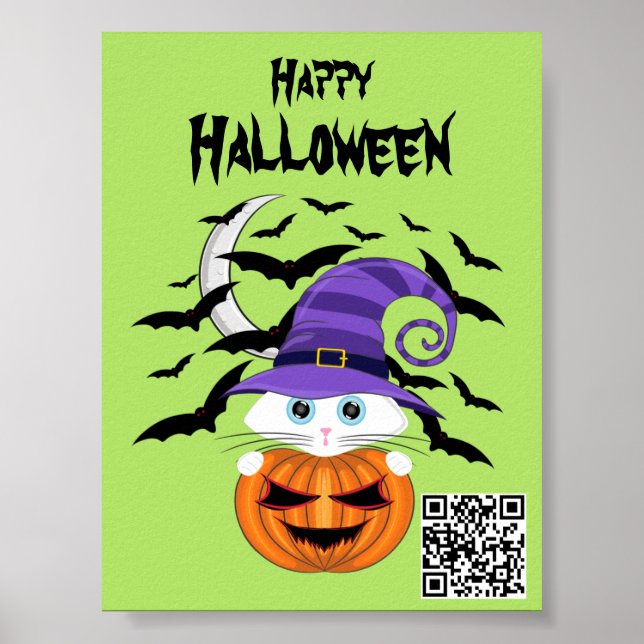 Scary Pumpkin with a White Kitty and Witches Hat  Poster (Front)
