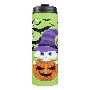 Scary Pumpkin with a White Kitty and Witches Hat Thermal Tumbler